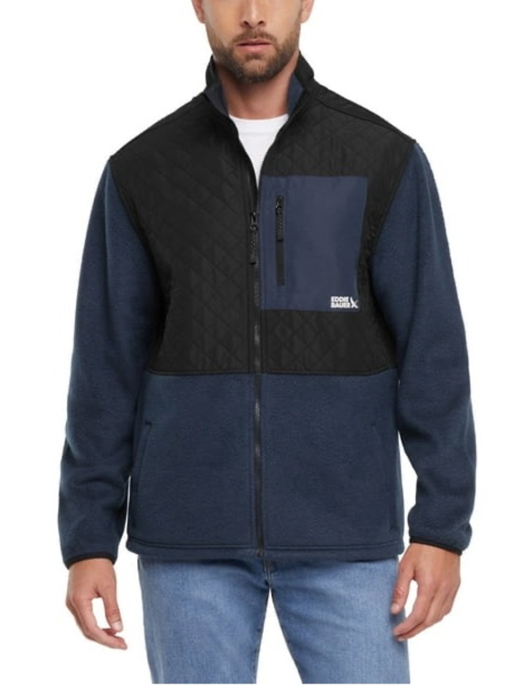Eddie Bauer Navy Fleece Jacket with Black Quilted Chest